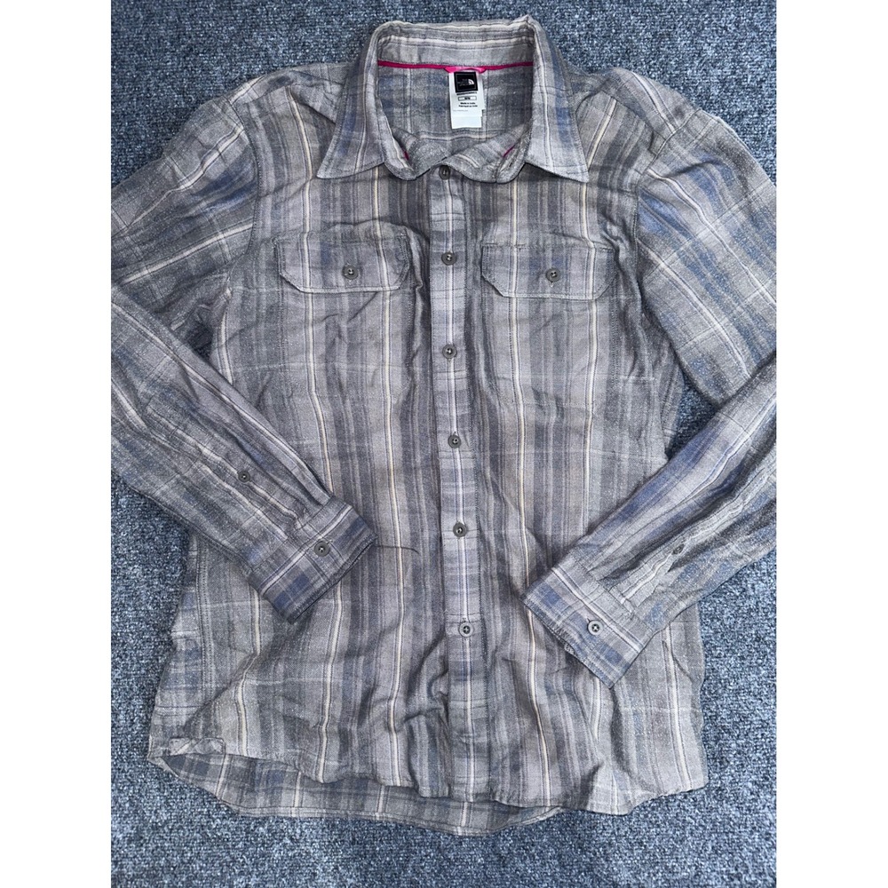 The North Face Mens Grey Blue Plaid Long Sleeve Button Down Shirt Size Medium